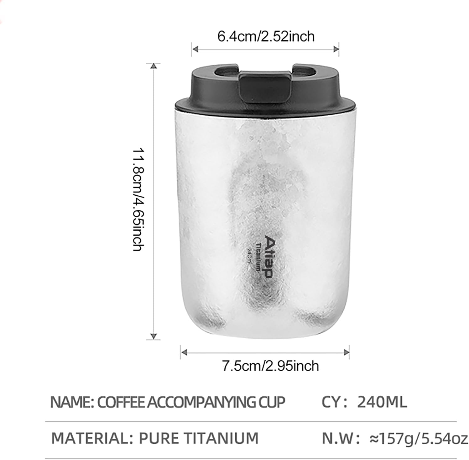 Titanium Water Bottle Coffee Cups Insulated Water Bottle Double Insulated Cup Wide Mouthed Cup is Easy To Clean | Ultralight Leakproof for Outdoor Camping Hiking (240ml)