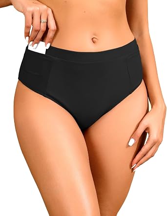 Tempt Me Mid Waist Bikini Bottoms-Full Coverage Bathing Suit Bottom with Pockets