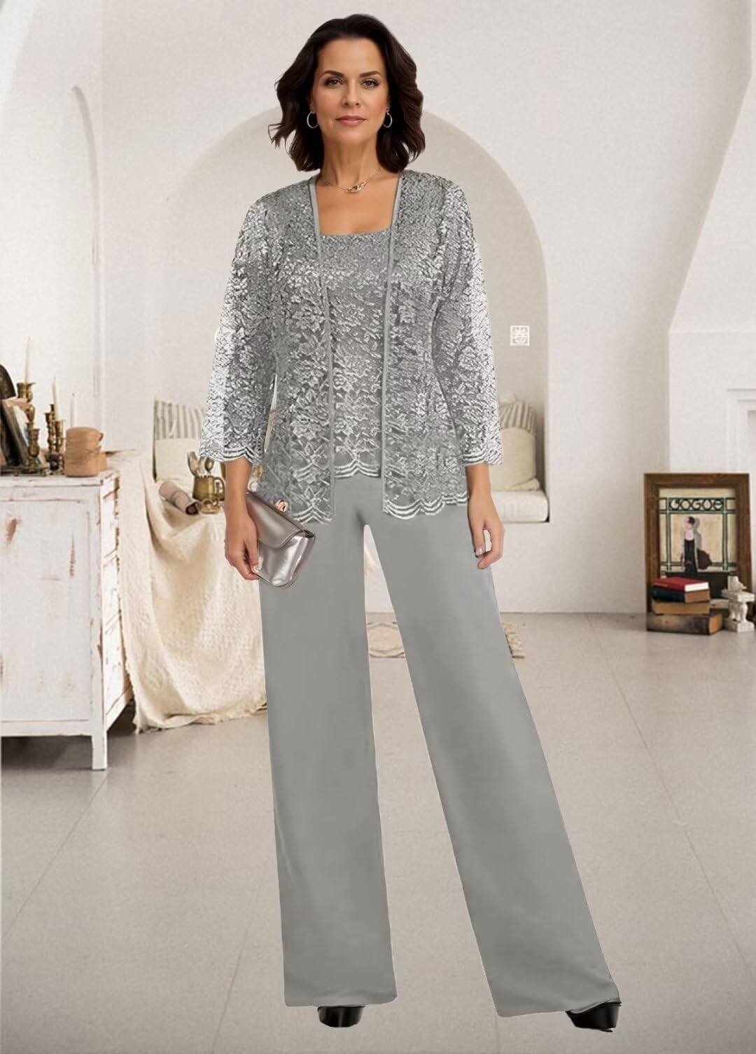 JAEDEN Damen Hosenanzug 3 Teilig Brautmutter Anzug Chiffon Festlich Hochzeit Hosen Set