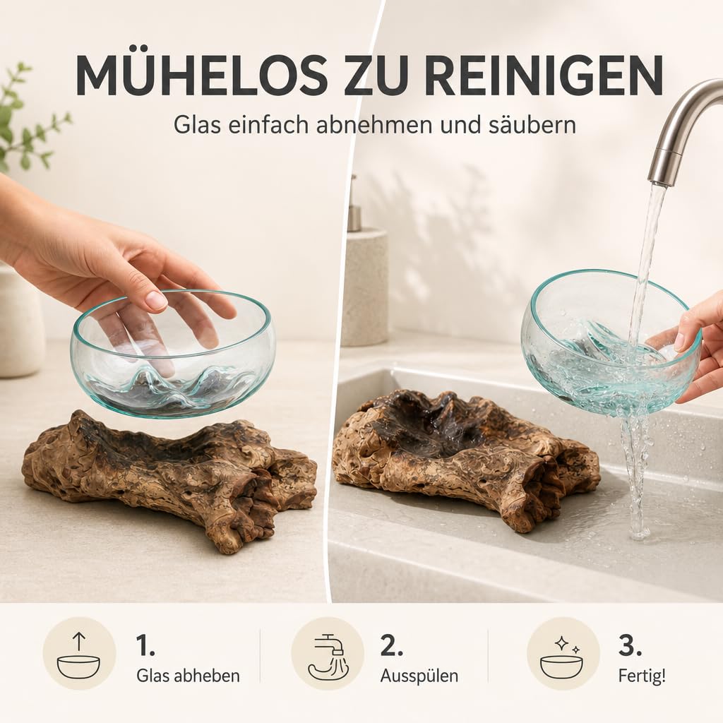 Handgefertigte Deko Glasschale - B-Ware - Unikat Vase auf Wurzelholz - mundgeblasenes Gestaltungselement aus Teakholz - Naturdesign für Tischdeko, Wohnzimmer, Balkon - Ø 18-20 cm Schale L