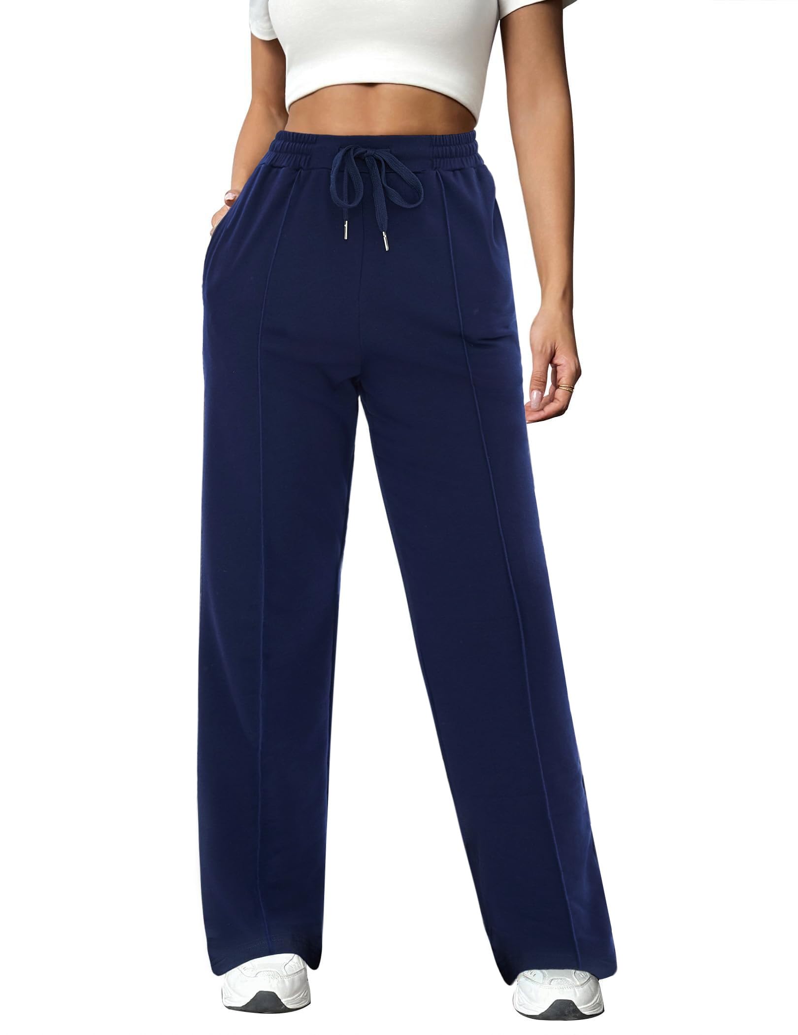 Crewhpo Jogginghose Baumwolle Damen Lang Hose High Waist Einfarbige Gerade Hose mit Taschen für Frauen Freizeithose Sporthose Fitnesshose für Jogging Sport Gym