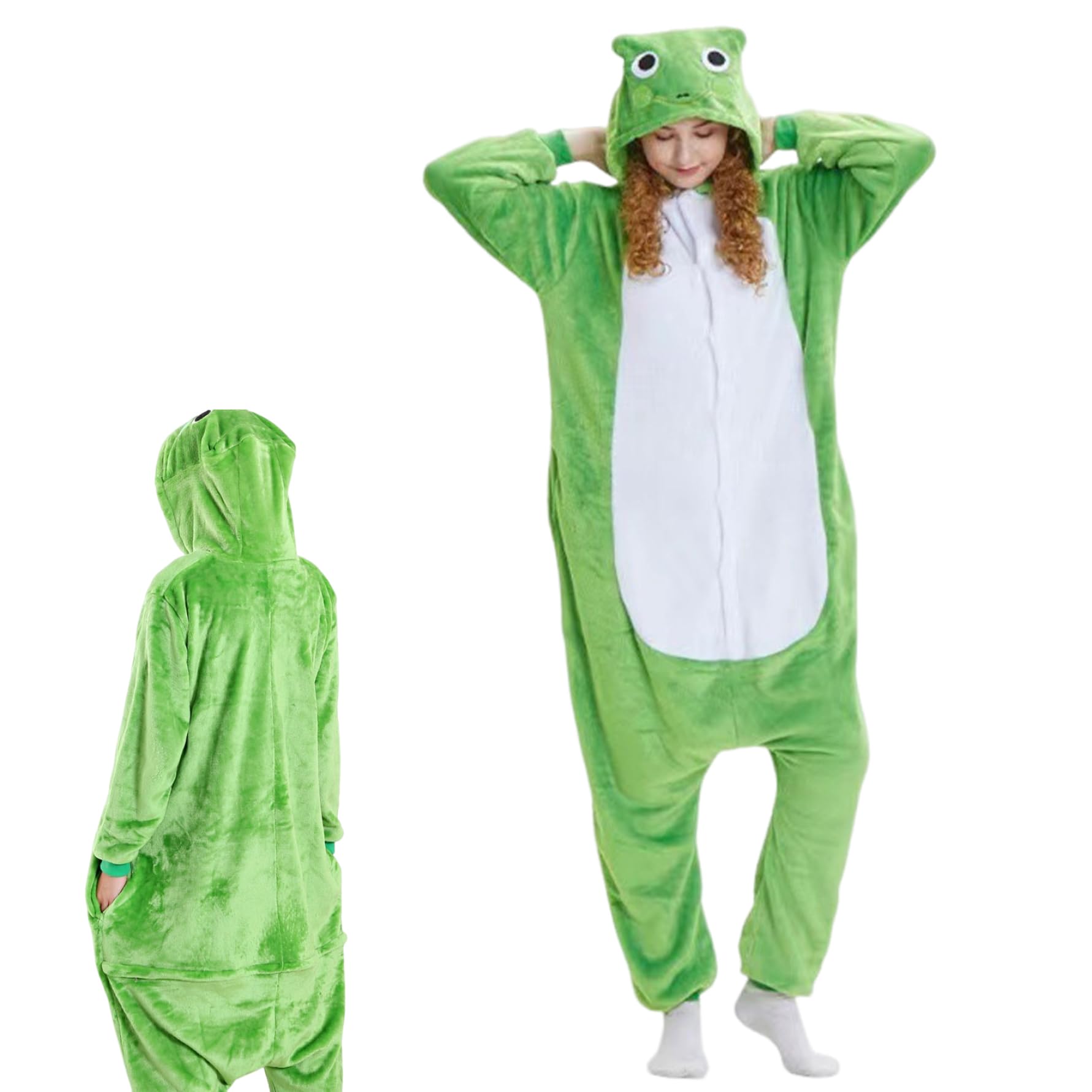 Combinaison Grenouille Mignonne et Douce Costume de Grenouille à Manches Longues Animal de Dessin animé Combinaison avec Yeux Ronds Chapeau Costumes Cosplay Confortables pour la Maison et la fête