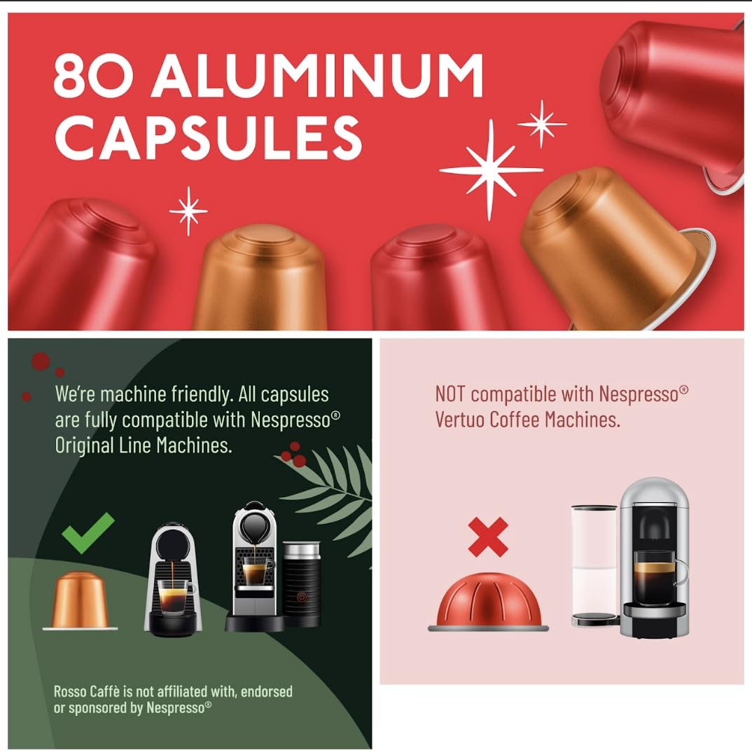 ROSSO CAFFE Espresso Coffee Pods for Nespresso Machines - Holiday Limited Edition - 80 Aluminium Capsules - Compatible with all Nespresso Original line Machines (Holiday Blend and Pumpkin Spice)