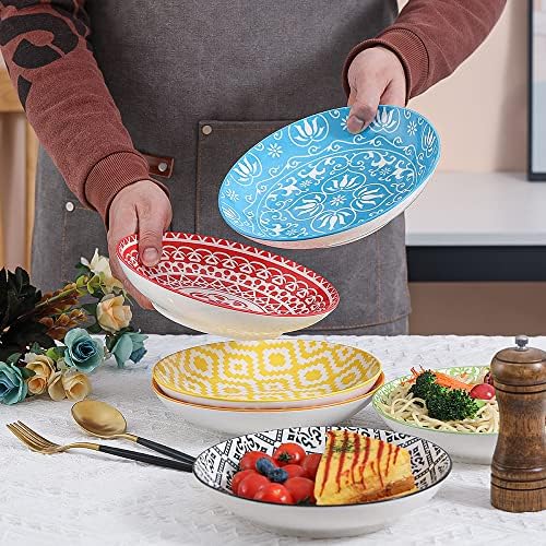 AHX Ceramic Pasta Bowls Salad Bowl - Porcelain Serving Dinner Bowls Set of 6 - 8 Inch Wide and Shallow Soup Bowl Plates - Microwave and Dishwasher Safe Colorful Deep Plate (23OZ)