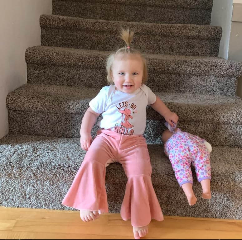 Baby Girls Western Clothes Set Let's Go Girls Bodysuit Ribbed Flared Pants Headband 3pcs Cowgirl Outfit (Pink, 3-6 Months)