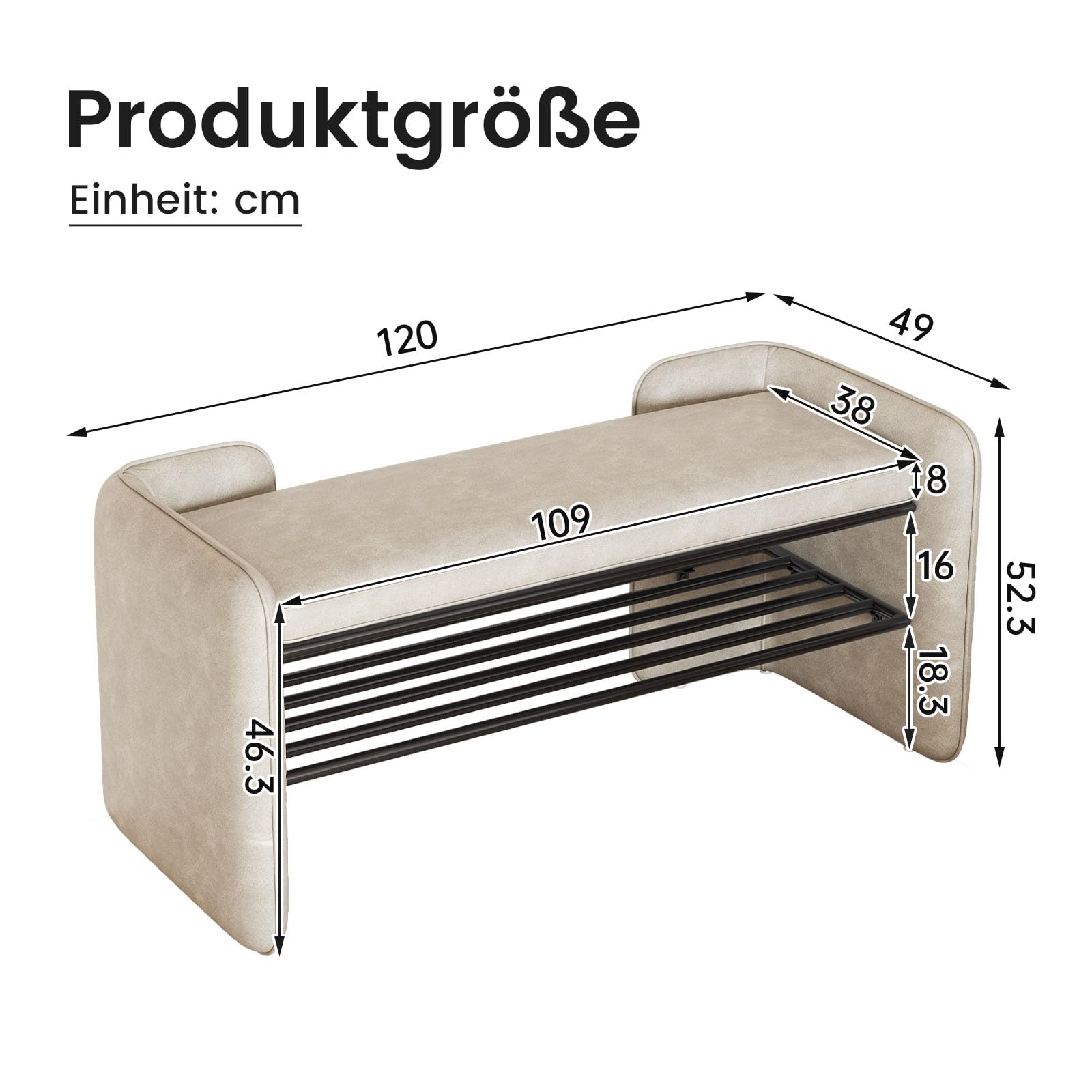 Miuuod 120cm Entryway Shoe Rack with Cushion Padded Seat, 2-Tier Shoe Bench for Entry, Stable Shoes Organizer for Entry, Hallway, Living Room, Bedroom