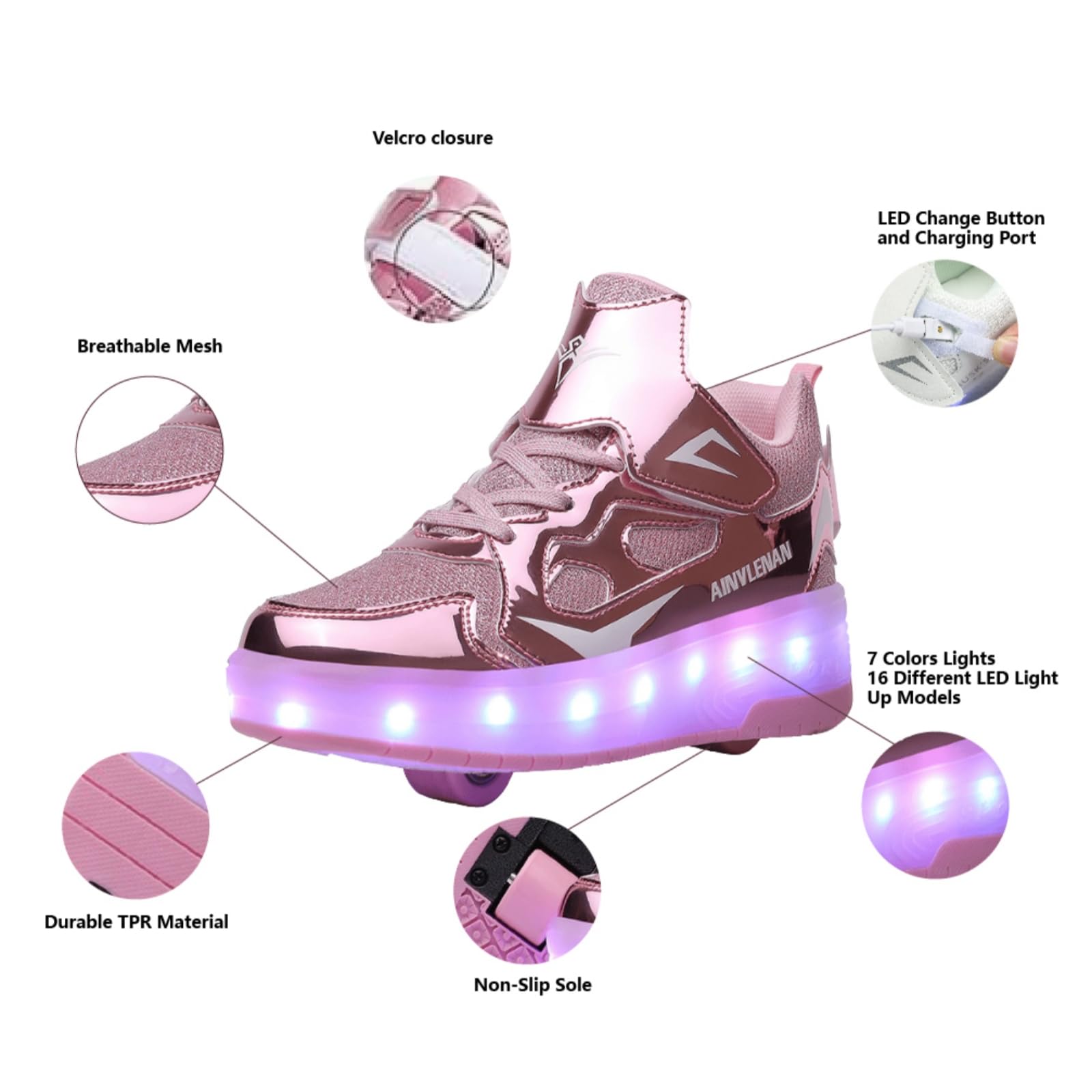 Dziecięce sneakersy, 2-wiel skateboard schoenen, verstelbaar kleurveranderend licht, USB-oplaadbaar, universeel voor jongens en meisjes, zwart, roze, goud, zilver, maat 27-40 EU