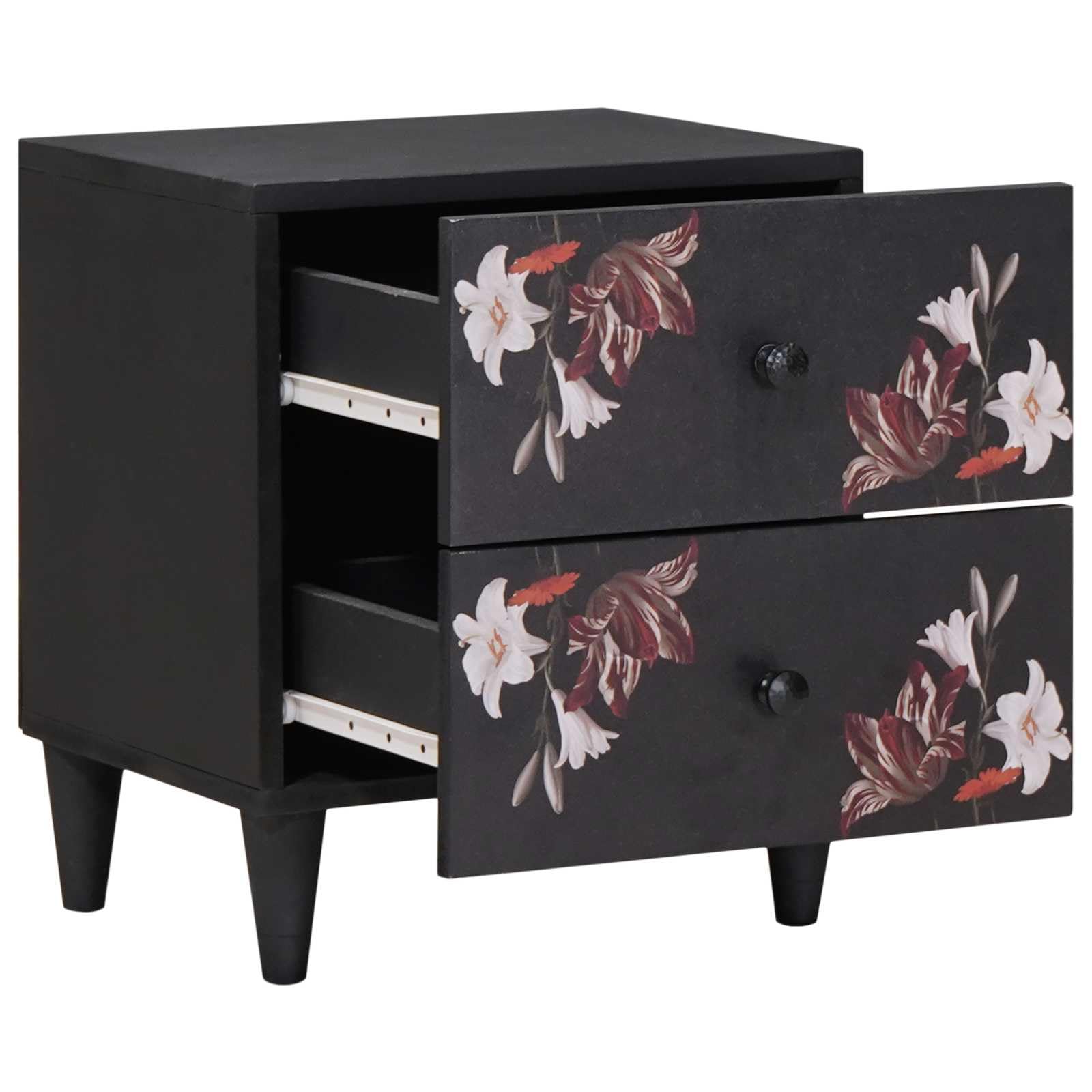 Elegante mesita de noche para dormitorio con botones de latón y cajón de madera maciza de mango en color marrón, diseño moderno con líneas limpias y estampado floral