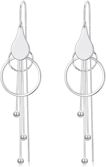 925 Sterling Silver LOVE/Circle/Line/Leaf Rhombus Drop Threader Earring Beaded Dangle Tassel Pull Through Earrings for Women