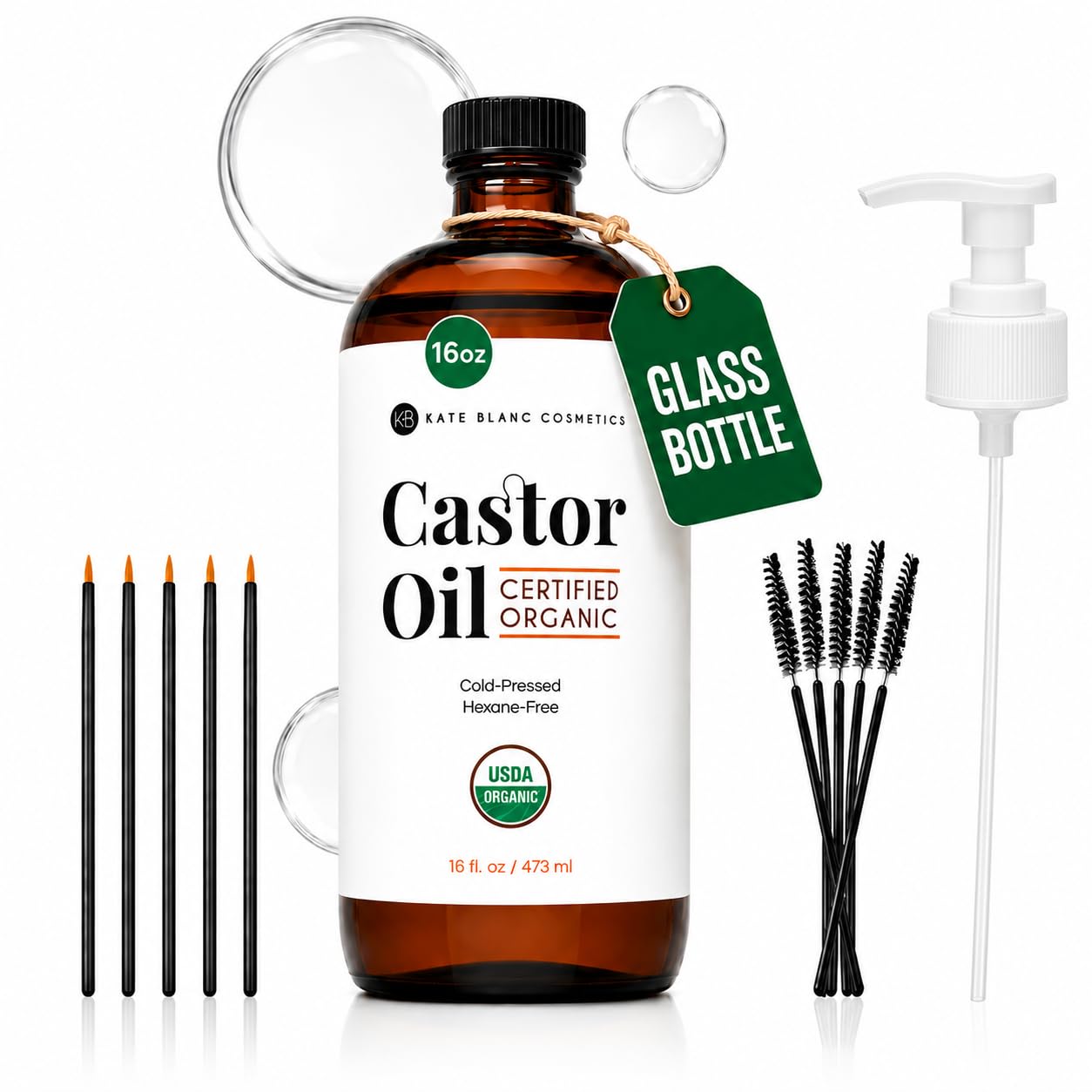 Kate Blanc Cosmetics Castor Oil Organic Cold Pressed for Hair, Lashes, 16oz