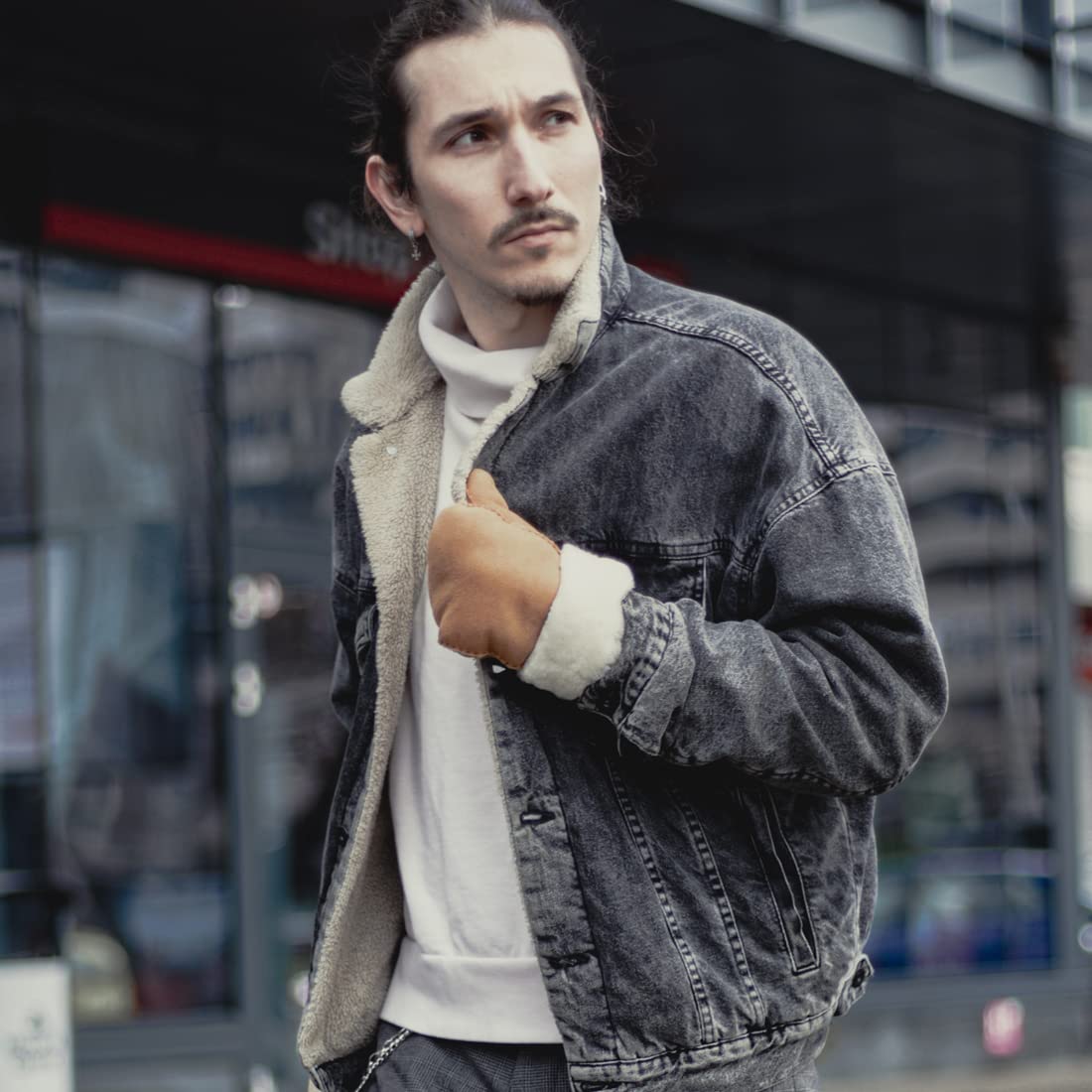 Harssidanzar Guanti in pelle degli uomo,vera pelle scamosciata in pelle di pecora Shearling Guanti in pelliccia Cuff KM044EU