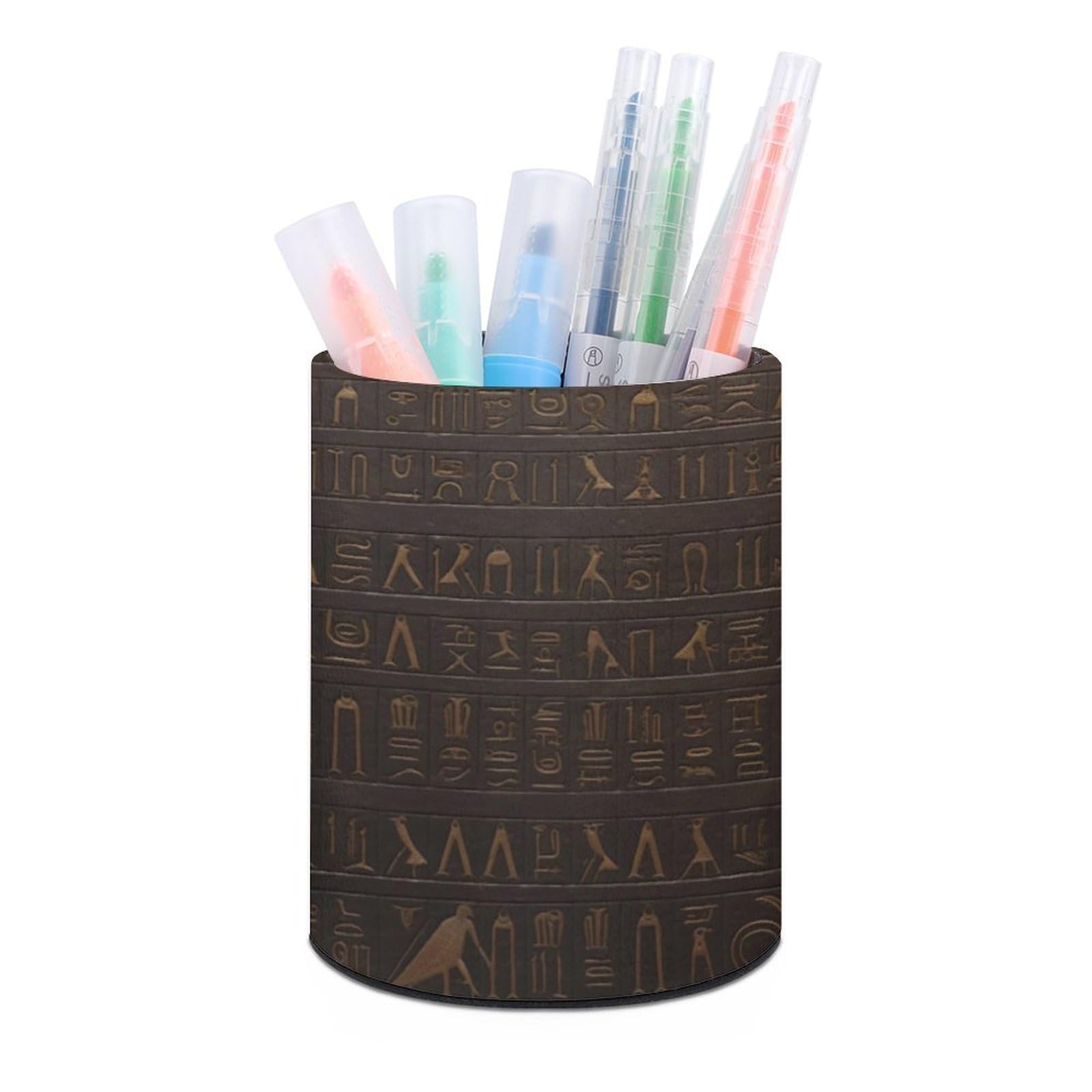 VstaDank Ancient Egyptian Hieroglyph Pen Holder PU Leather Pencil Cup Minimalist Desk Pencil Holder Round Make Up Brush Organizers For Office Dorm Room&Vanity Desk Accessories