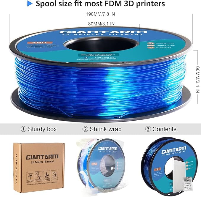 Image of GIANTARM TPU Filament, 2pcs 95A TPU Filament 1.75mm, Dimensional Accuracy + /- 0.03, Flexible Soft 3D Printer Filament 1kg Spool(2.2 lbs), Vacuum Packaging (Blue)