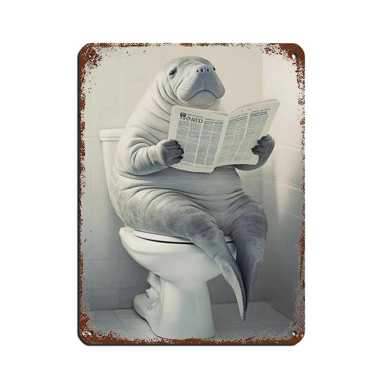 Manatee Sitting on Toilet Reading Newspaper Retro Poster Metal Tin Sign Chic Art Retro Iron Painting Bar People Cave Cafe Family Garage Poster Wall Decoration 12x16inch(30x40cm)