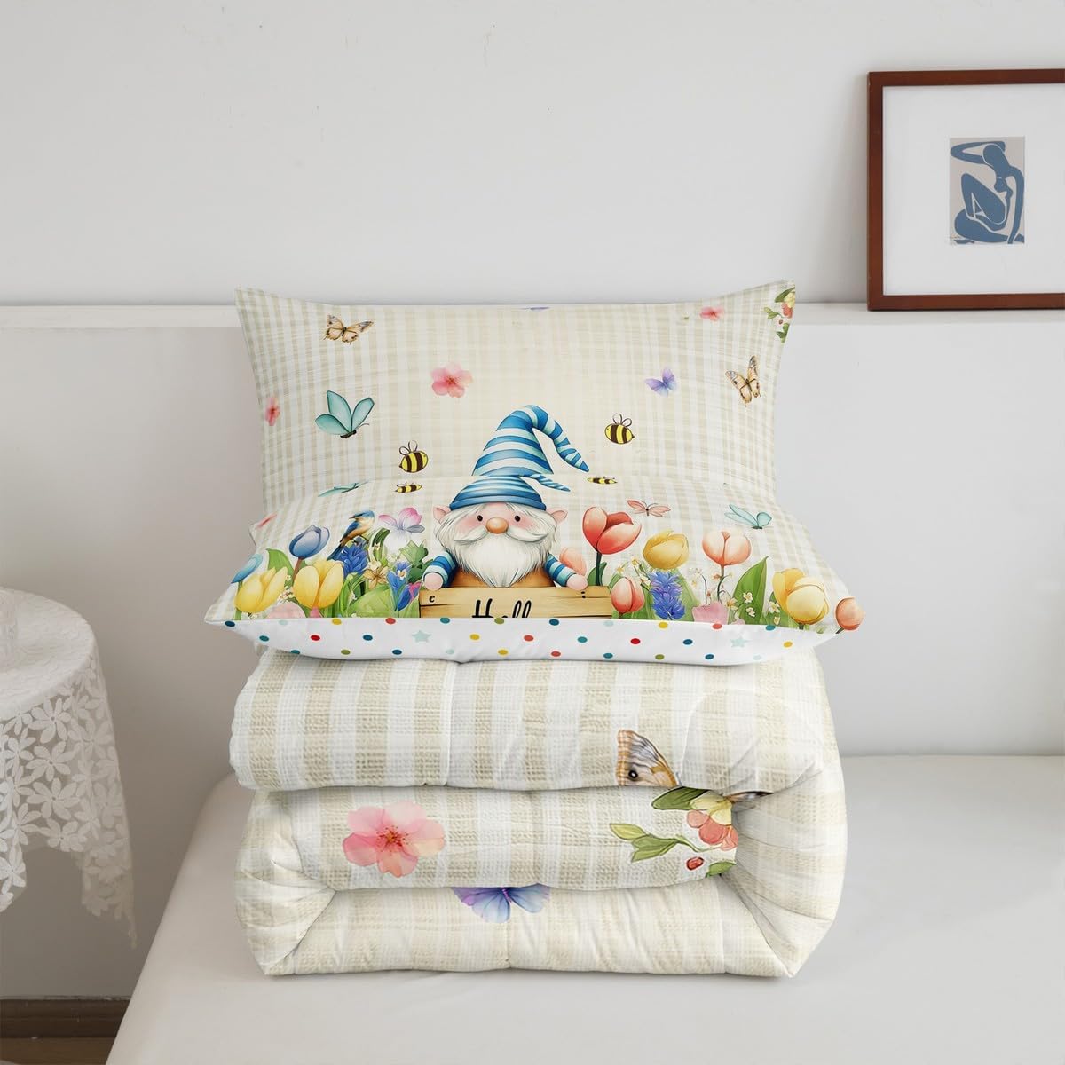 Spring Gnome Comforter Queen Size,Girls Spring Floral Duvet Insert,Kids Butterfly Bee Bedding Sets Bedroom Decor,Hello Spring Garden Quilt Soft Warm All Season Down Comforter With 2 Pillow Covers