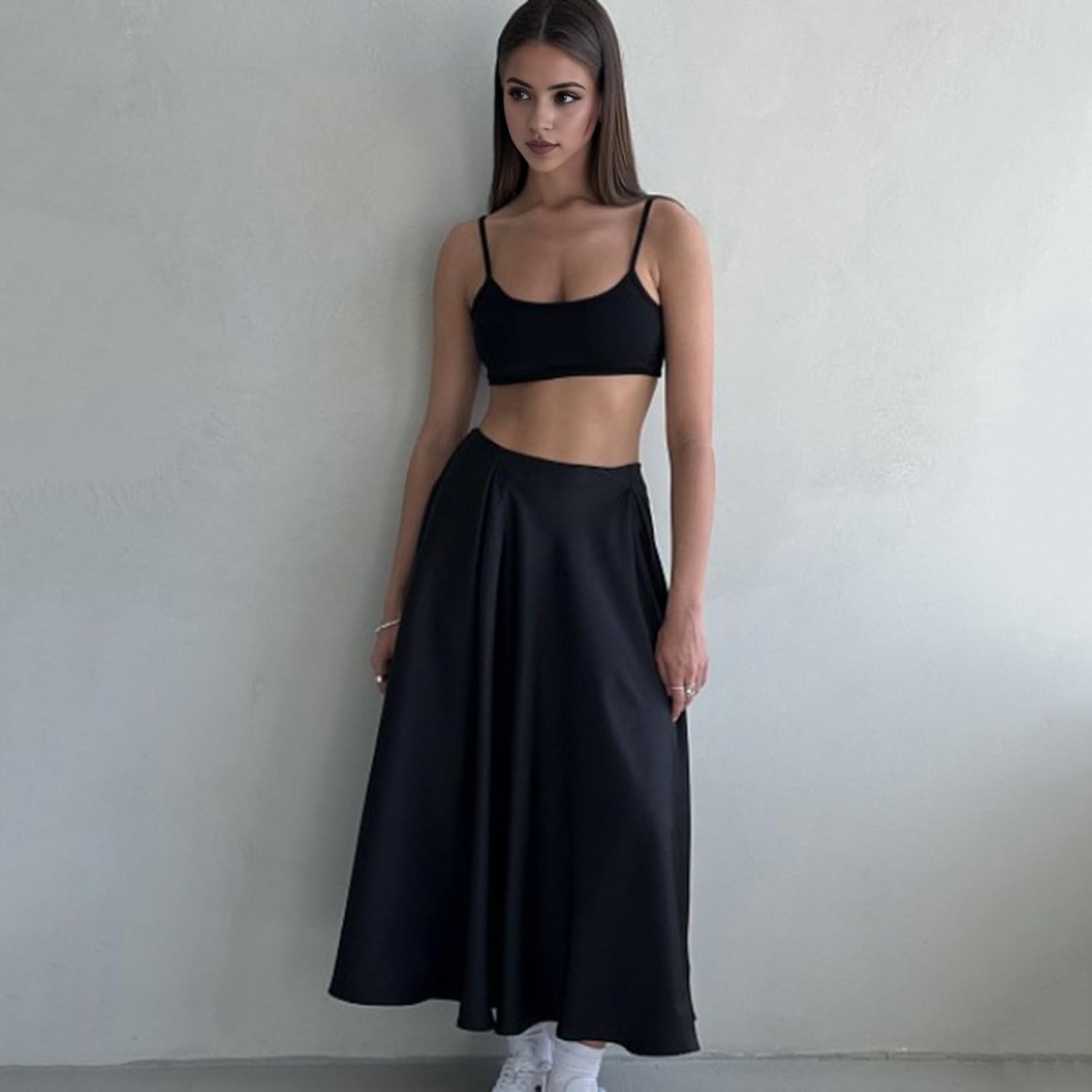 DGSHIRLDJO Dames satijnen rok lang elegant A-lijn midi-rok, hoge taille zijdezachte rok voor bruiloft, feest, zakelijk (DE/NL/SE/PL, Alfabetisch, XL, Regular, Regular, Gebroken Wit