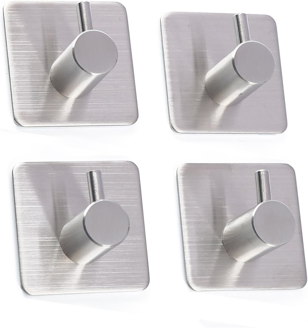 YUEKUI 4 Pack of Self Adhesive Hooks, Max 8kg Towel Rail, Hat Towel Robe Coat Stick-up Stainless Steel Hanger for Kitchen Bathrooms Lavatory Closets, Water and Rust Proof