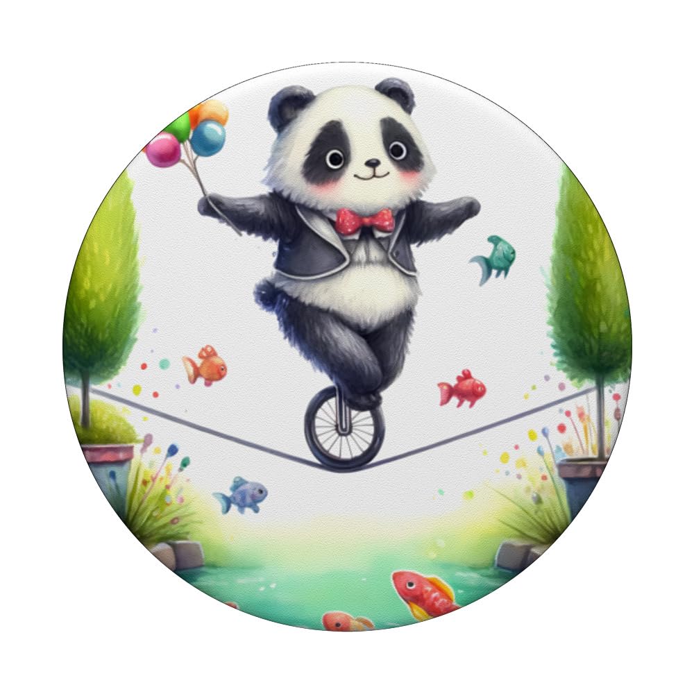 Panda Riding Unicycle On Tightrope Over Pond. Fish Skill Fun PopSockets Swappable PopGrip, Black - Image 3