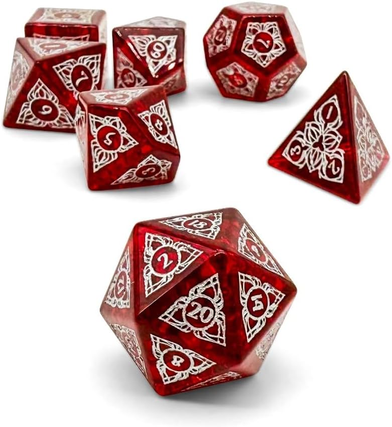 Norse Foundry Sylvan Weaver Shattered Garnet Zircon Glass Dice Set - 7-Piece RPG Polyhedral Dice Designed by Yaniir - Shattered Crystal Dice with White Number Fill