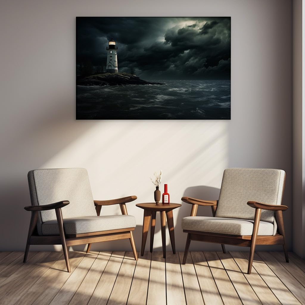 Canvas for Living room. Guiding Light Amidst Stormy Seas: A Symbol of Resilience and Hope, 27 x 18 inch Canvas Wall Art - Contemporary Masterpieces - Modern Home Decor
