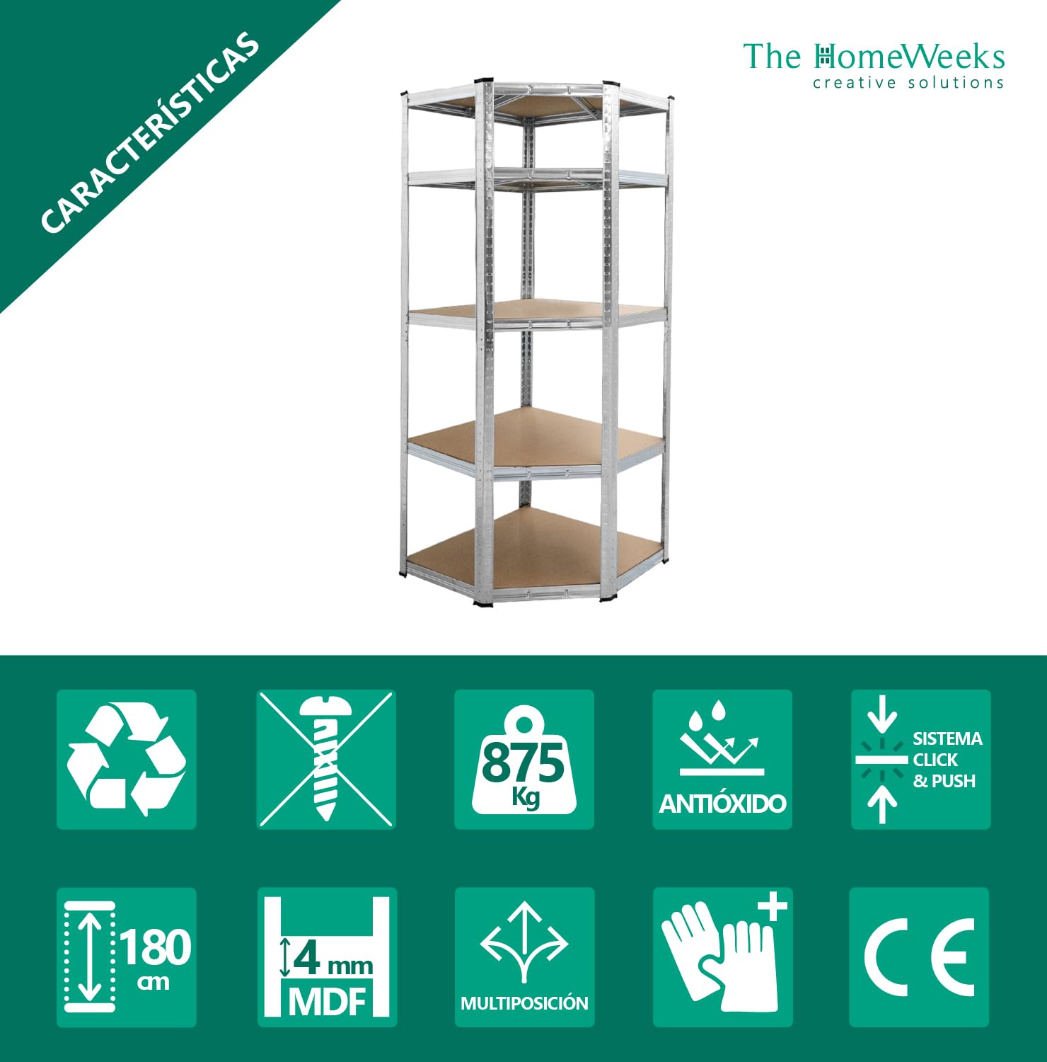 The Homeweeks Estantería Almacenaje Esquinera Angular Metálica 180 * 70 * 40cm | Galvanizada Modular | 5 Baldas MDF | Montaje Suelo | sin Tornillos System Click & Push | Multiposición