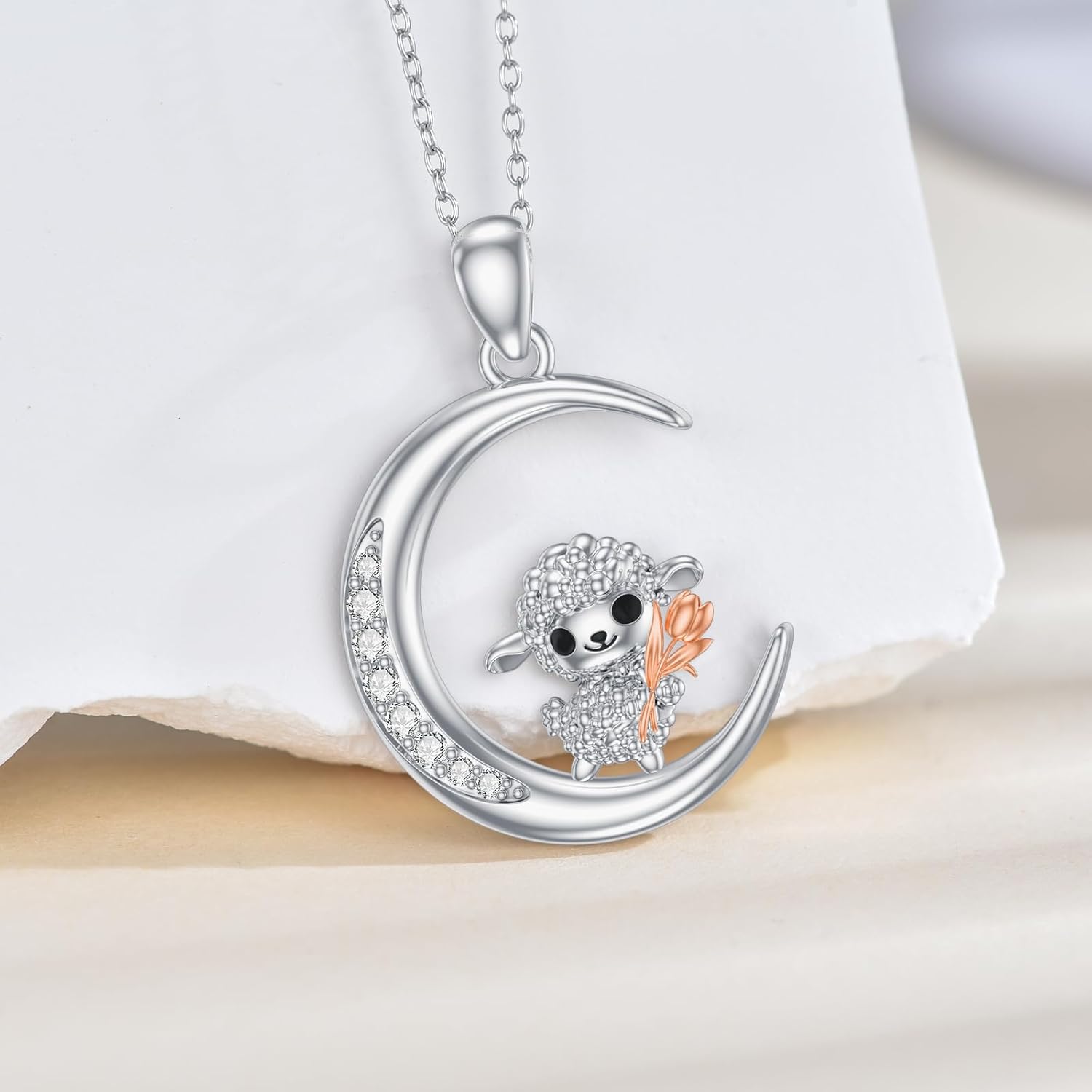 Diamond Sheep Moon Necklace 925 Sterling Silver Cute Lamb Pendant for Women Lovely Animal Jewelry Gifts for Mom - Image 2