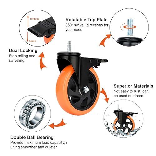 Miniatura 3 de Ruedas giratorias de 5 pulgadas, juego de 4 ruedas giratorias resistentes de 1500 libras de 12 a 13 x 1 pulgada, ruedas roscadas de doble bloqueo,