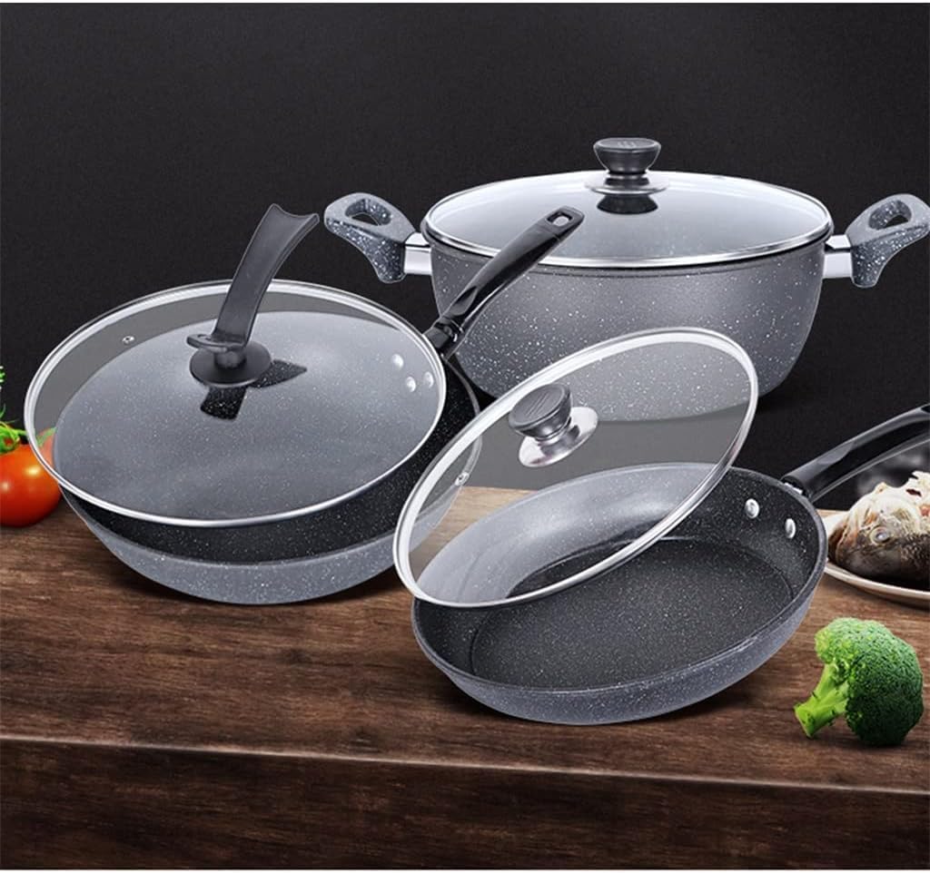 Cookware Cooking Pots, 3pcs Cookware Set Soup Pot Wok with Lid Frying Pan Medical Stone Wrought Iron Non-Stick Cooking Pot Set Kitchen Kitchen Saucepan Set