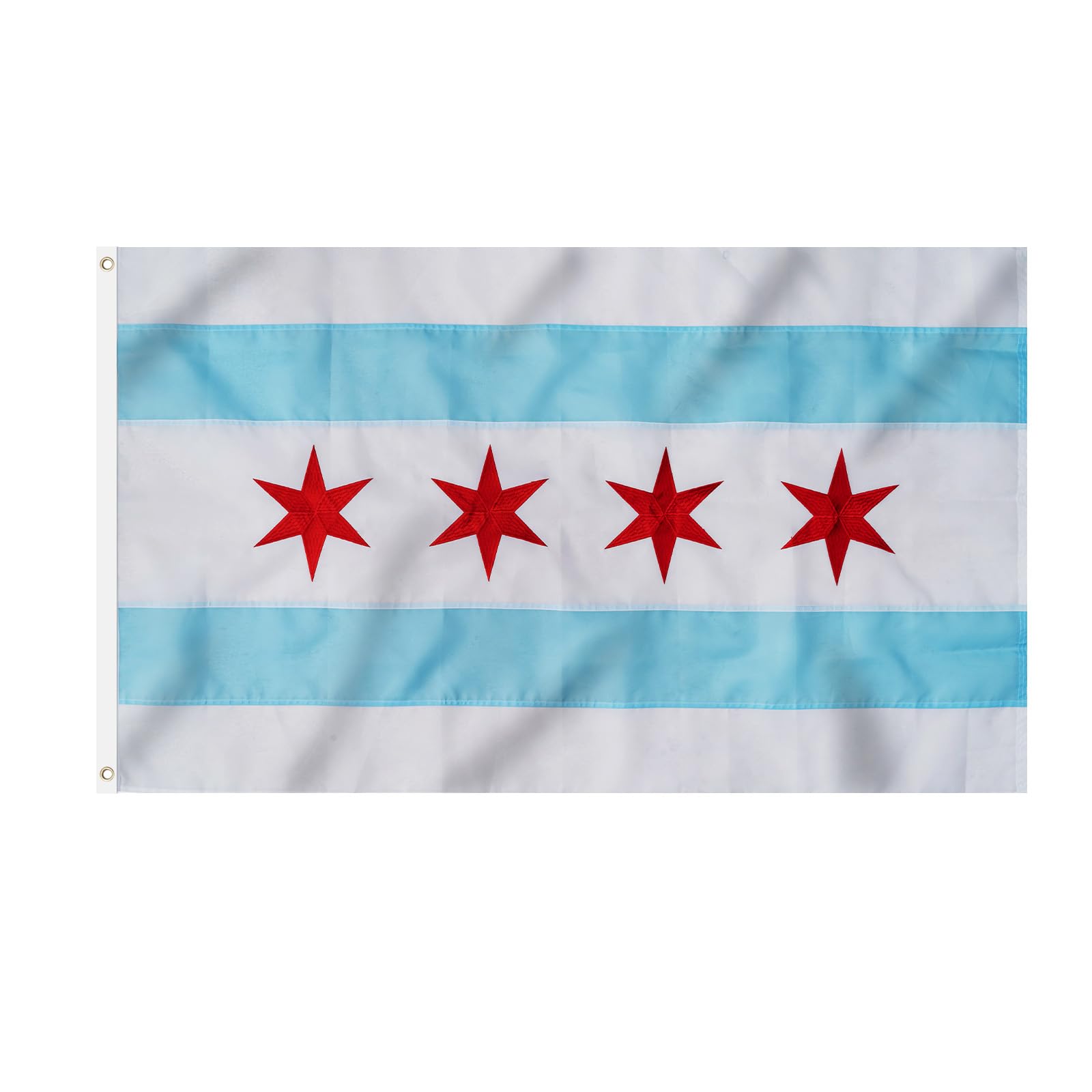 Flagolden Embroidered Chicago Flag 3x5 Feet Outdoor, Double Sided Chicago City Flag with 2 Strong Brass Grommets, Heavy Duty for Outside Use