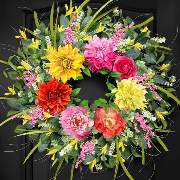 ICX 24" Spring Summe Wreaths for Front Door, Large Floral Door Wreath with Peony, Rose and Dahlia, All Season Farmhouse Window Wall Wedding Decor, Housewarming Gift