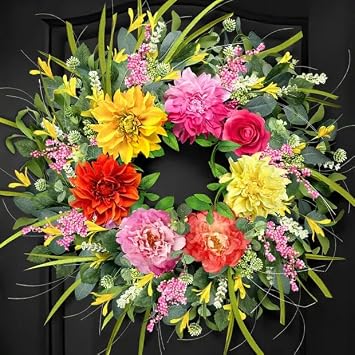 ICX 24" Summer Wreaths for Front Door, Large Floral Door Wreath with Peony Rose Dahlia, Artificial Spring Summer Wreath All Season Farmhouse Window Wall Porch Mantel Decor