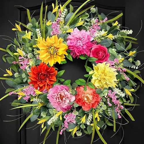 ICX 24" Summer Wreaths for Front Door, Large Floral Door Wreath with Peony Rose Dahlia, Artificial Spring Summer Wreath All Season Farmhouse Window Wall Porch Mantel Decor