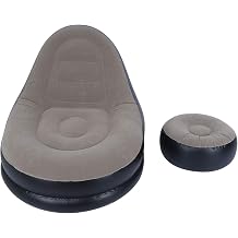 Modern Inflatable Folding Recliner Sofa Chair with Footstool, Inflatable Lounger for Living Room Balcony Garden, Ergonomic Leisure Sofa with Flocking Cover for Adults