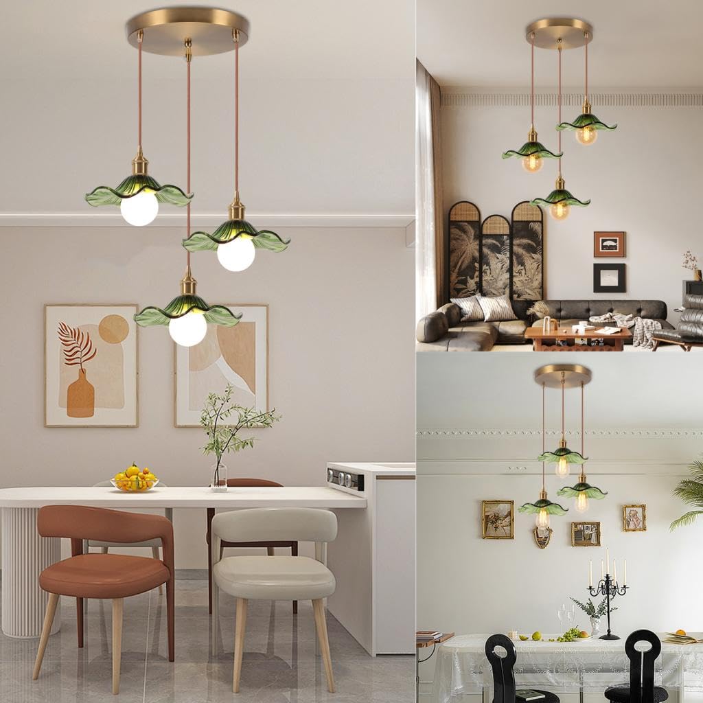 3 Lampe Suspendue en Verre Intérieure Moderne Vert Fleurs E27 Suspension Luminaires Vintage Laiton Doré Lustre Réglable en Hauteur pour Salon Chambre Cuisine