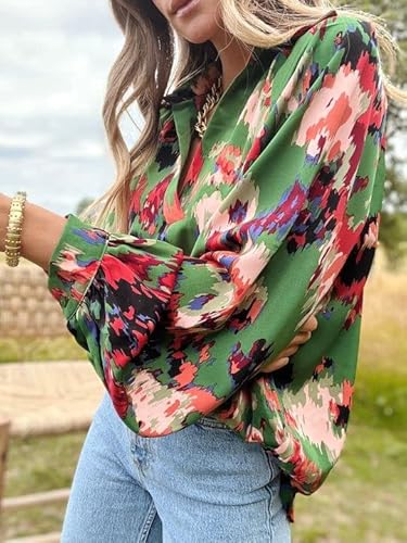 Farysays Womens Tops Dressy Casual Elegant Abstract Printed V Neck Lantern Long Sleeve Boho Loose Blouse Shirt Green Large #TOP3