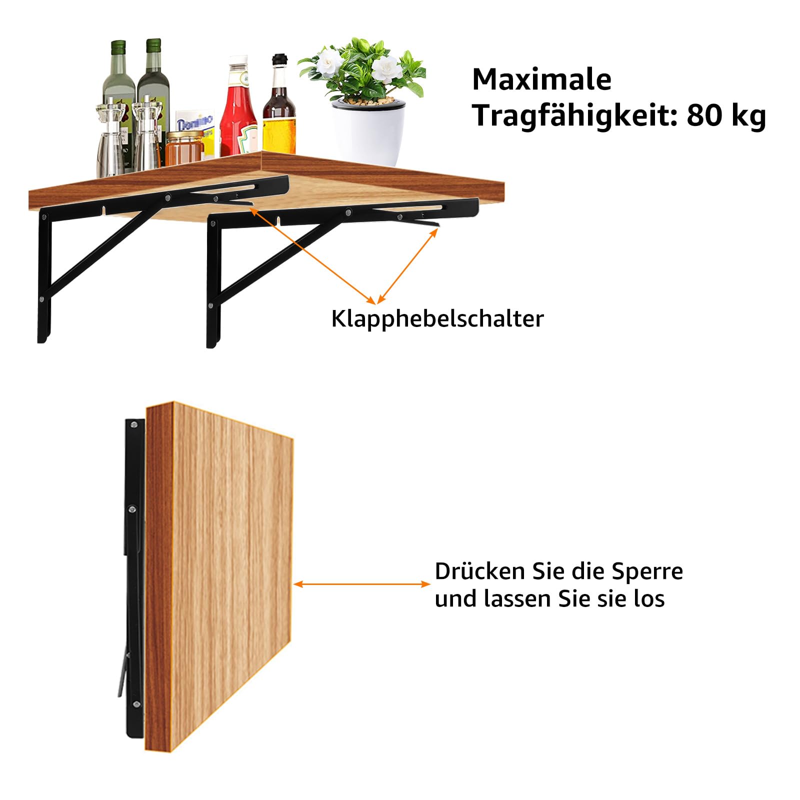 2 sztuki składanej konsoli, do dużych obciążeń, 400 mm, zawiasy składane, czarne, metalowe, składane, maksymalne obciążenie 80 kg, regał ścienny, wsparcie regału do domu, kuchni, 2 sztuki