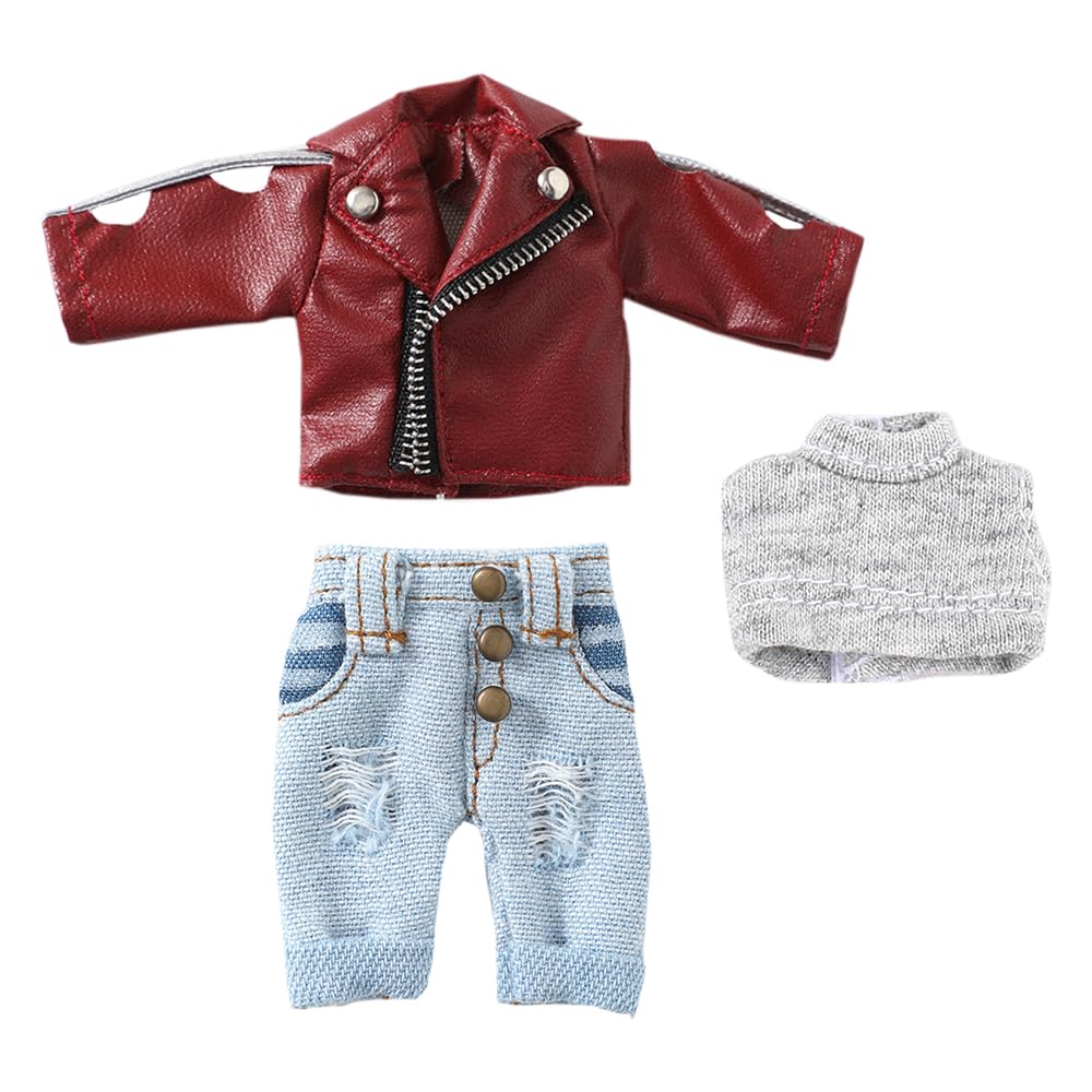 niannyyhouse 1/12 BJD OB11 Doll Clothes Leather Jacket Vest Ripped Jeans Doll Dressup (Wine Red)