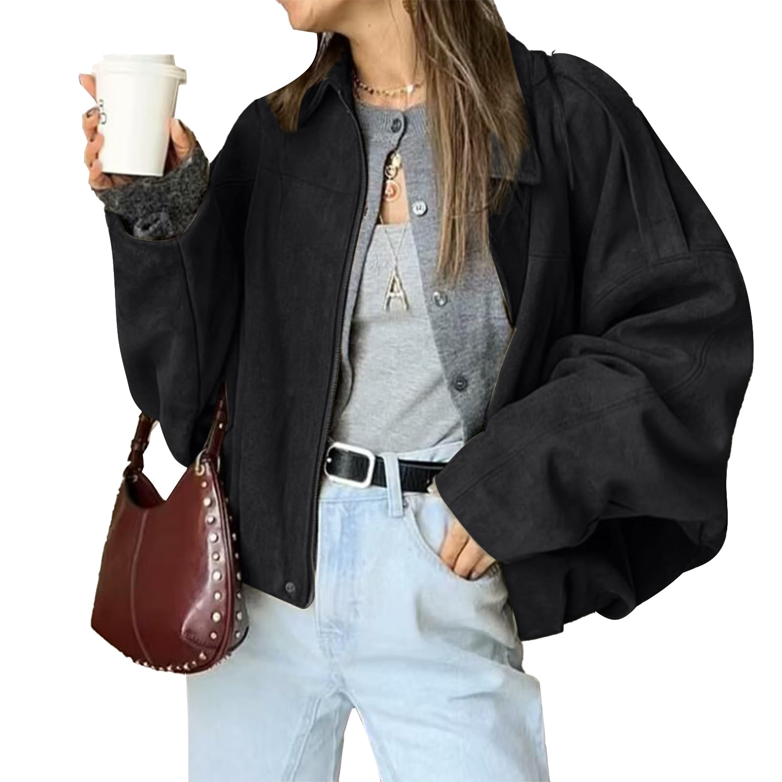 Photo 1 of HOTIAN Women's Faux Suede Bomber Jacket Zipper Pilot Coat Casual Lapel Oversized Long Sleeves Y2K Outerwear Coats Black