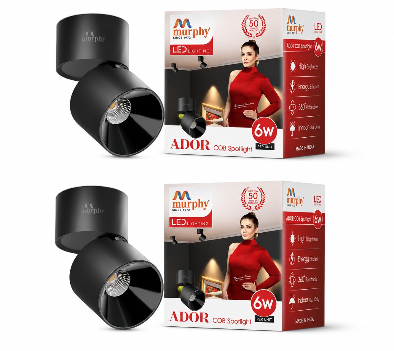 Murphy Ador 6W LED Surface COB Spot Light | Warm White 3000K | 360° Rotatable & 90° Adjustable | Aluminium Body | Black Reflector | BIS Approved | 100 lm/W | 2 Year Warranty | Pack of 2