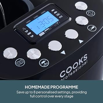 Cooks Professional Digital Bread Maker | 15 Programmes, 8 Custom Presets, Delay Timer & Keep Warm Function & Accessory Kit | XL Breadmaker Machine | 3 Loaf Sizes 0.5–1.5kg | Black & Silver