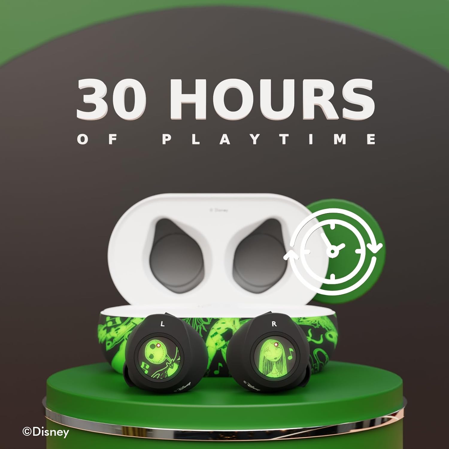 Earbuds in charging case with '30 Hours of Playtime' text