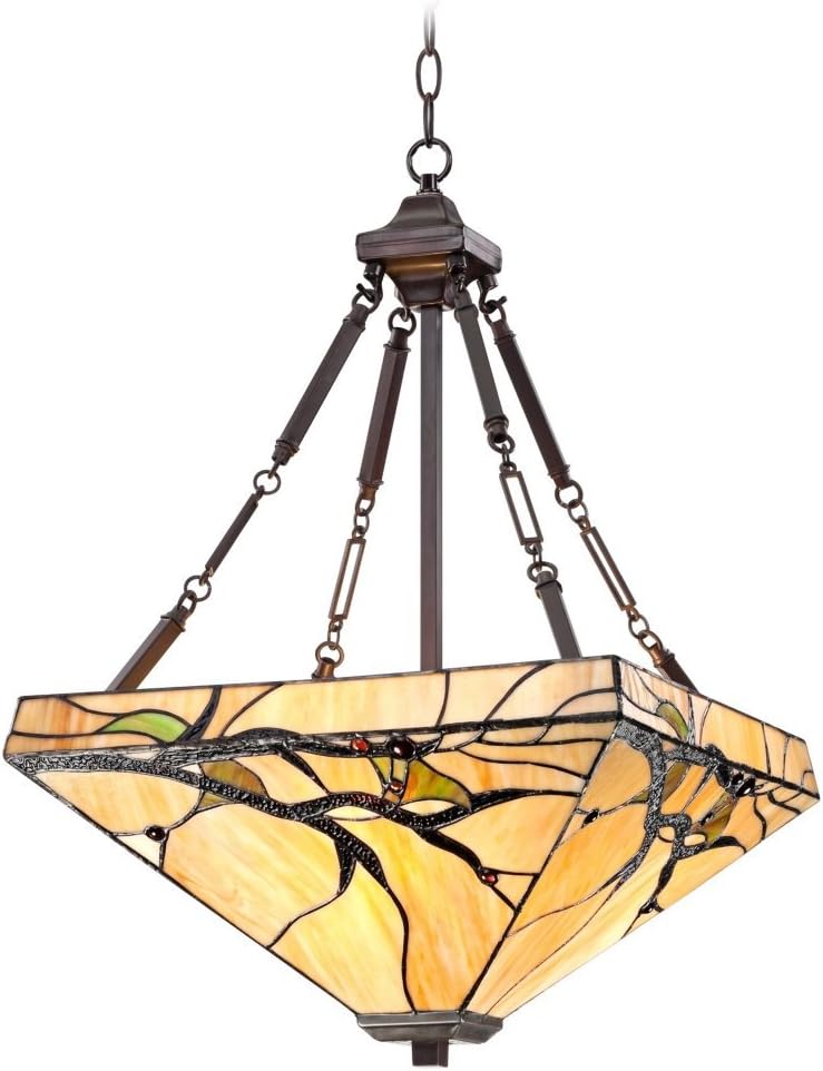 Robert Louis Tiffany Bronze Pendant Chandelier 17" Wide Tiffany Style Budding Branch Triangle Stained Glass 3-Light Fixture for Cottage Core Dining Room House Foyer Kitchen Island Entryway Bedroom