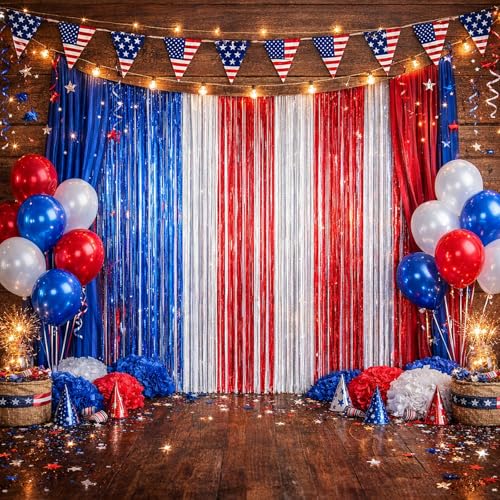 Image of Voircoloria 4 Pack Red White and Blue Foil Fringe Backdrop Curtains, Tinsel Streamers Party Decorations, Fringe Backdrop for Patriotic, Memorial Day, 4th of July, Independence Day