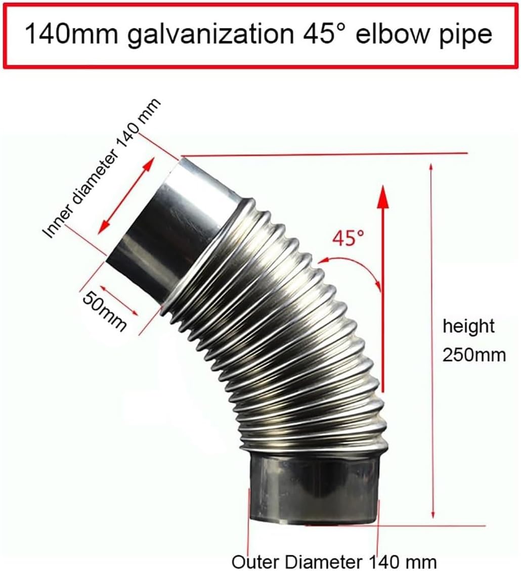 45° Elbow Pipe, 100-200mm Smoke Duct Elbow Thread Ventilation Tube Connector Galvanized Exhaust Fitting for Return Air Furnace Bathroom(140mm)