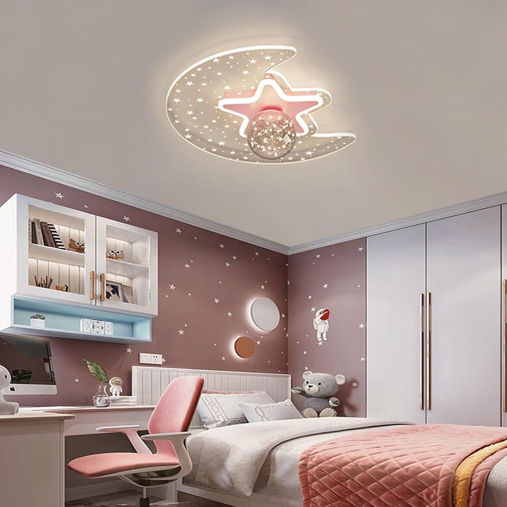 Stesulfr LED Children's Ceiling Lamp Star Moon Acrylic Ceiling Light For Children Glass Lampshade Stepless Dimming with Remote Control Creativity 40W Bedroom Ceiling Kindergarten Lighting(Pink)