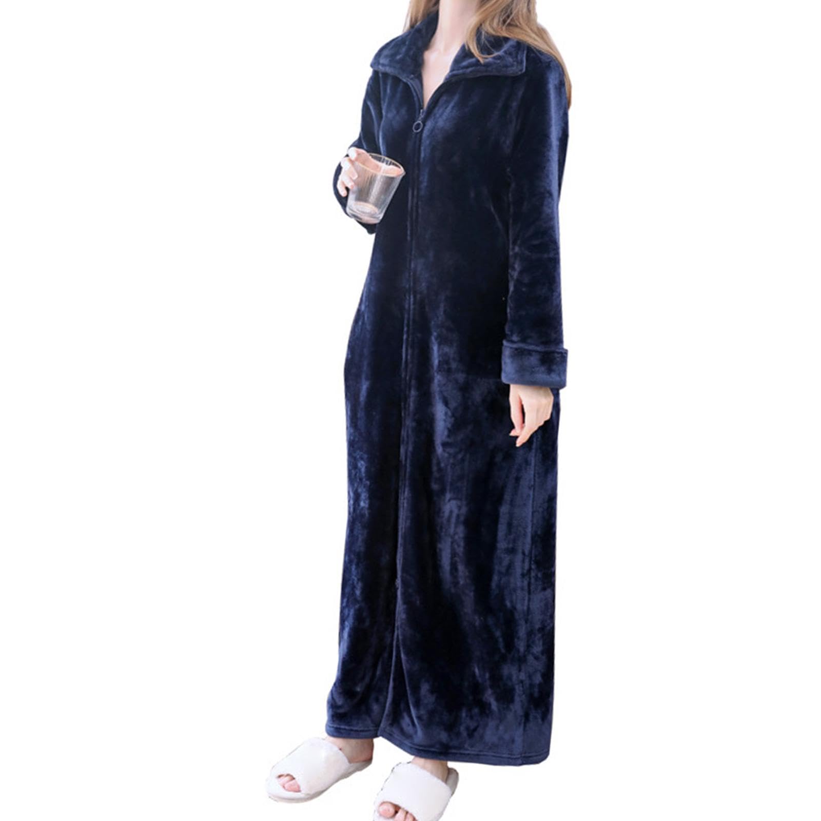 Wearable Blanket Sweatshirt Long Zipper Front Nightgown Thick Onesie Pajamas Women Blue XL-image-40