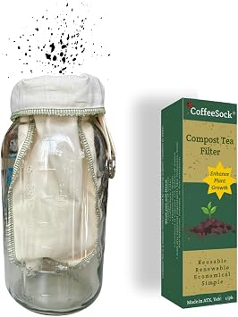 CoffeeSock The Original Reusable Organic Cotton Compost Tea Filters - Made to fit 64 ounce 1/2 gallon mason jar 1 Filter - Enhance Plant Growth