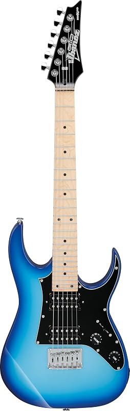 Guitarra eléctrica Ibanez GRGM 6 cuerdas de cuerpo sólido, derecha, ráfaga azul (GRGM21MBLT) | Guitarra de viaje con 24 trastes, humbuckers dobles y diapasón de arce