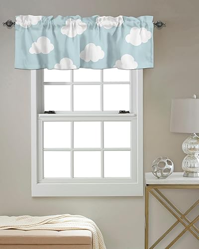 Miniatura 4 de Vandarllin Cortinas de cocina para niños, cenefas para ventanas, diseño de nube azul y blanca con bolsillo para barra, tratamiento de ventana para