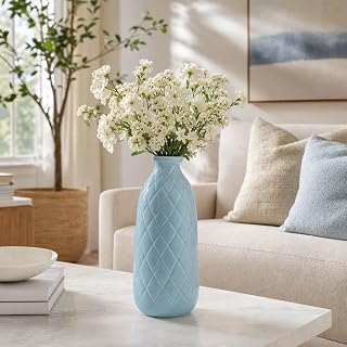 12" Blue Ceramic Vase - Contemporary Plaid Textured Vase for Floral Arrangements